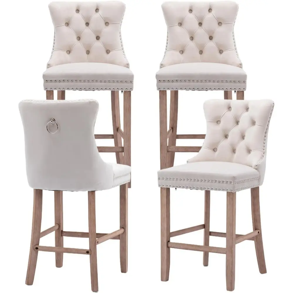 Beige Velvet Bar Stools Set of 4 with Backs, Wood Legs, Metal Pull Rings, Ideal for Counter Height, Kitchen Island, Pub
Beige Velvet Bar Stools Set of 4 with Backs, Wood Legs, Metal Pull Rings, Ideal for Counter Height, Kitchen Island, Pub