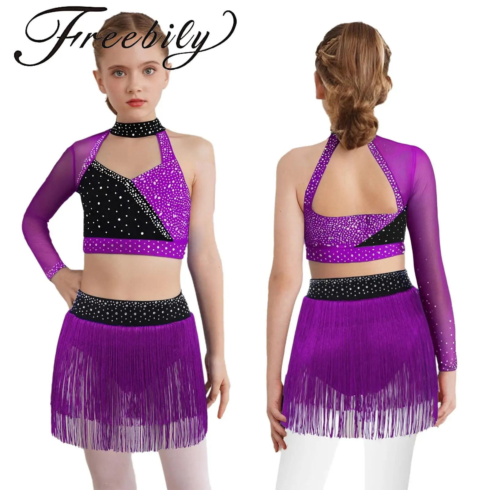 Kids Girls Color Block Dance Outfit Sheer Mesh Long Sleeve Cutout Back Shiny Rhinestones Crop Top with Tassel Briefs Skirt
Kids Girls Color Block Dance Outfit Sheer Mesh Long Sleeve Cutout Back Shiny Rhinestones Crop Top with Tassel Briefs Skirt