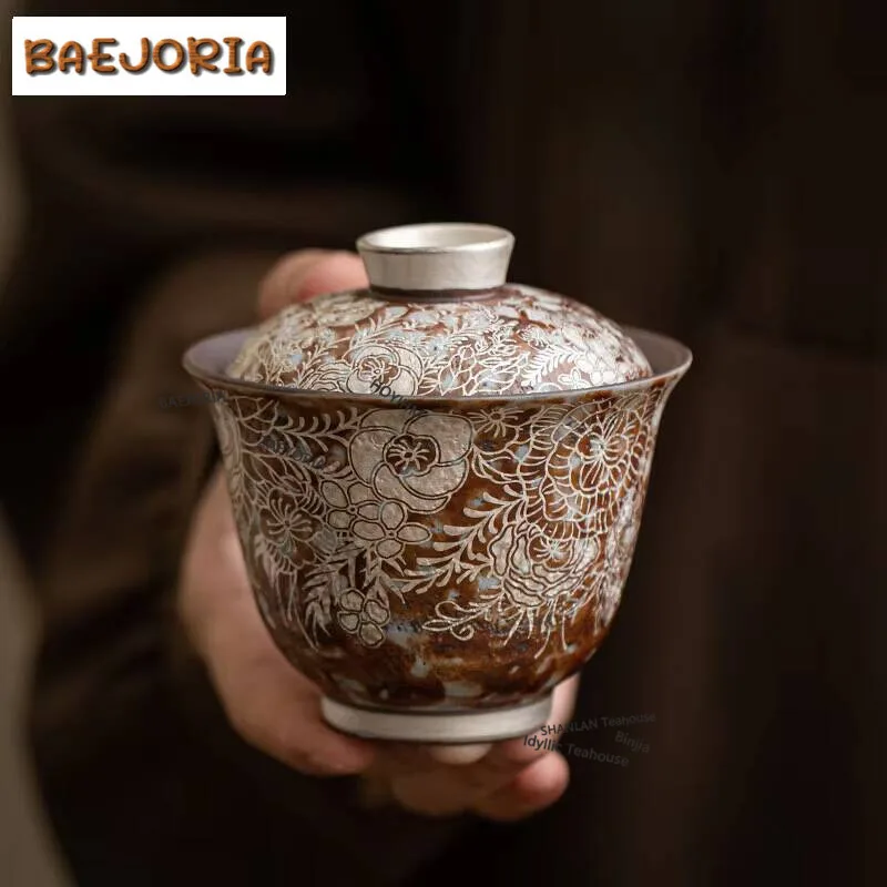 100ml Retro Old Rock Mud Gaiwan Zen Flower Gilded Silver Coarse Pottery Tea Tureen Household Tea Maker Cover Bowl Teaset Craft
100ml Retro Old Rock Mud Gaiwan Zen Flower Gilded Silver Coarse Pottery Tea Tureen Household Tea Maker Cover Bowl Teaset Craft