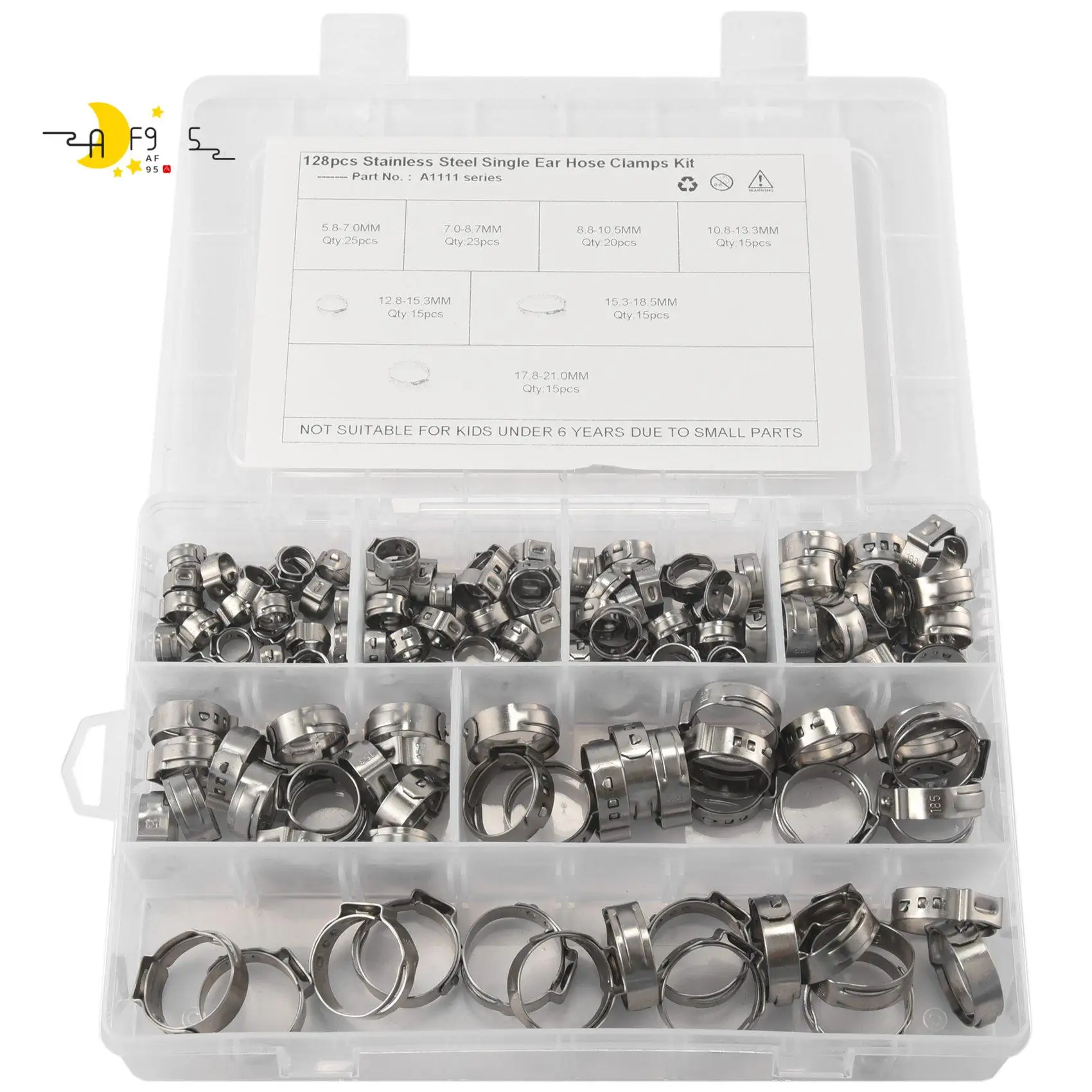 AF95-304 Stainless Steel Single Ear Non-Steel Hose Clamp Classification Kit, 128 Pieces
AF95-304 Stainless Steel Single Ear Non-Steel Hose Clamp Classification Kit, 128 Pieces