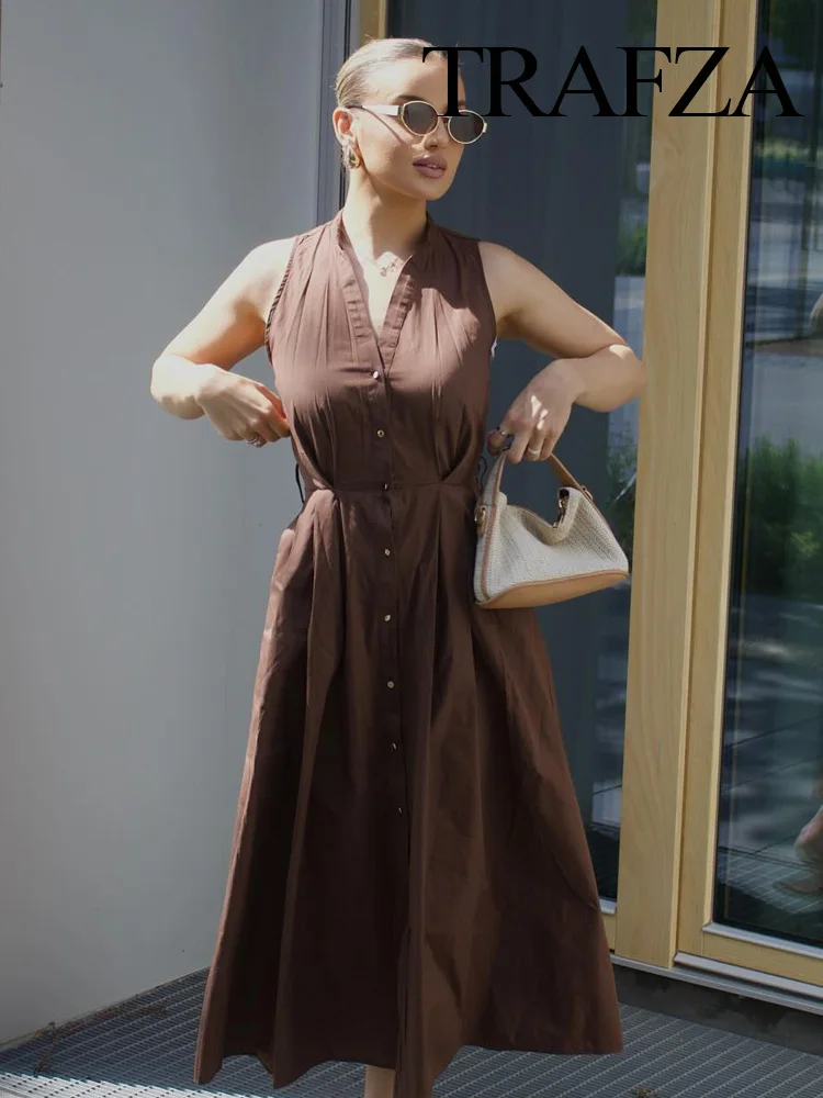 TRAFZA Summer Women's Fashion With Belt Single-breasted Midi Dress Female Sexy Elegant Pockets Pleated Decorate Sleeveless Dress
TRAFZA Summer Women's Fashion With Belt Single-breasted Midi Dress Female Sexy Elegant Pockets Pleated Decorate Sleeveless Dress
