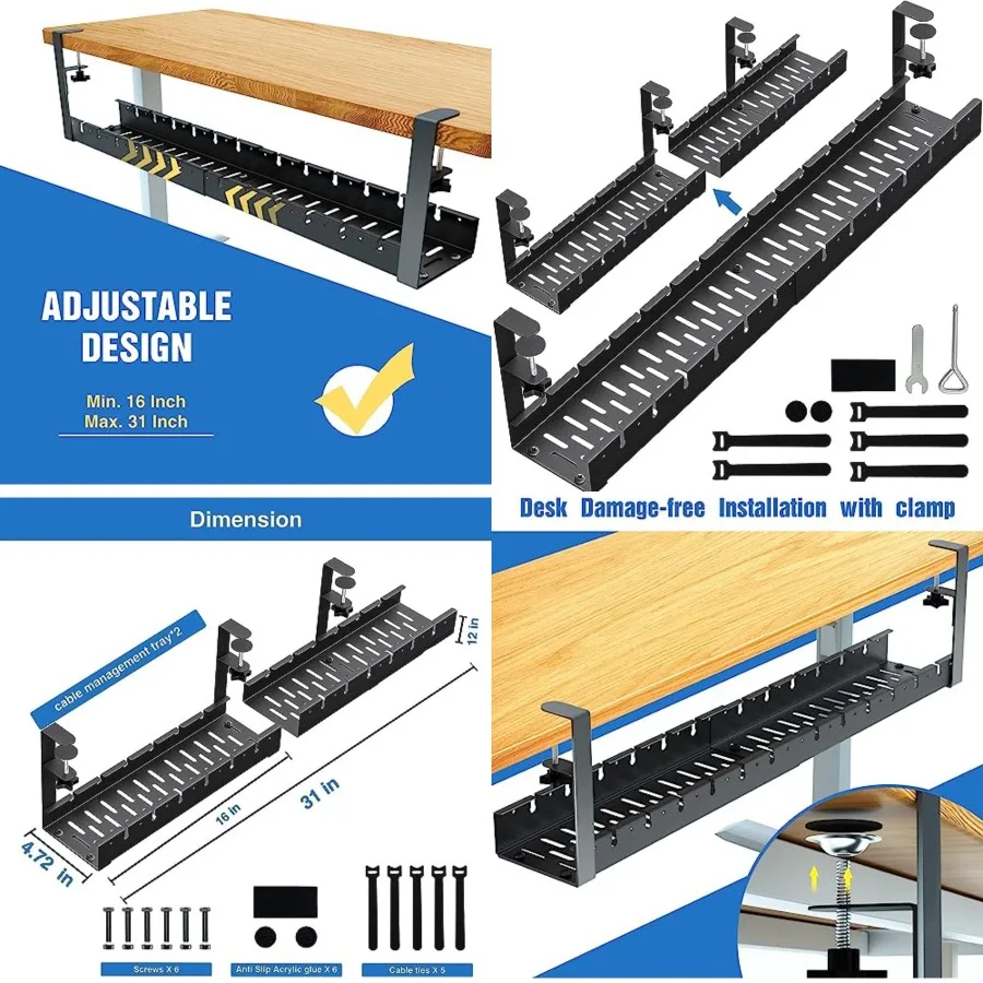 No Drilling Extendable Under Desk Cable Management, Metal Cable Management Tray Under Desk with Clamp, Retractable Power Strip
No Drilling Extendable Under Desk Cable Management, Metal Cable Management Tray Under Desk with Clamp, Retractable Power Strip