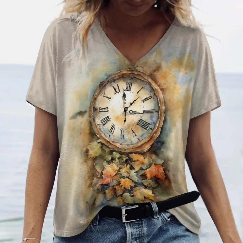 2025 Short sleeved Women's European and American Retro Clock 3D Printed V-neck T-shirt Versatile Loose Casual Women's Top
2025 Short sleeved Women's European and American Retro Clock 3D Printed V-neck T-shirt Versatile Loose Casual Women's Top