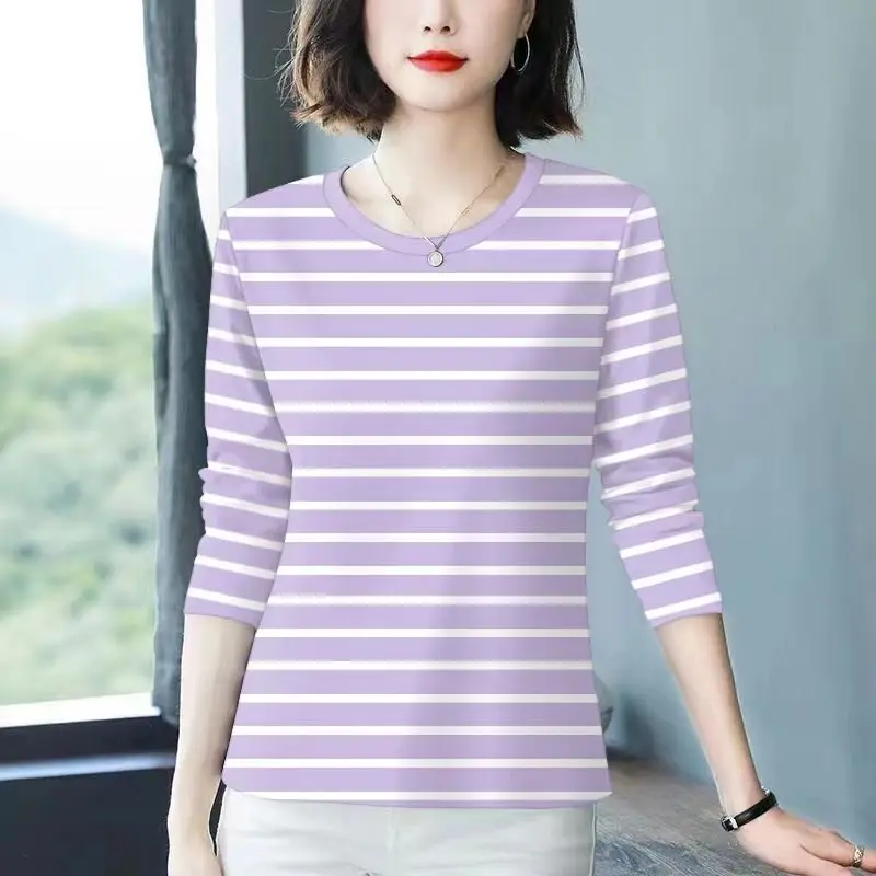 Casual Stripe Long Sleeve Loose Fit round Neck T-Shirt Women's Mid-aged Fashionable Age-defying Top Polyester Fiber
Casual Stripe Long Sleeve Loose Fit round Neck T-Shirt Women's Mid-aged Fashionable Age-defying Top Polyester Fiber