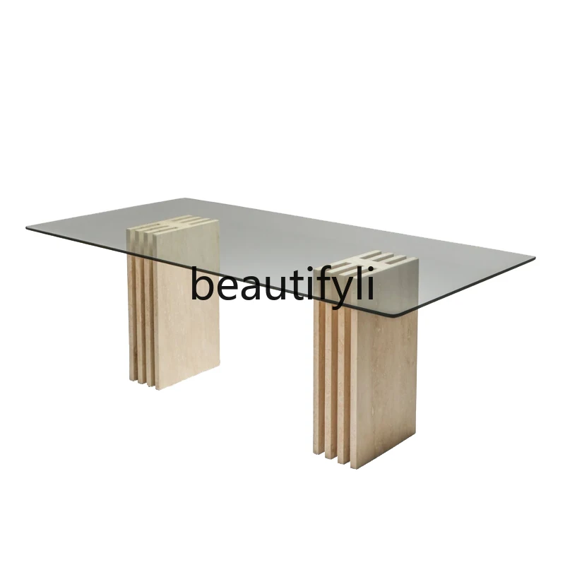 Nordic modern simple natural travertine dining table designer luxury tempered glass countertop eating table
Nordic modern simple natural travertine dining table designer luxury tempered glass countertop eating table