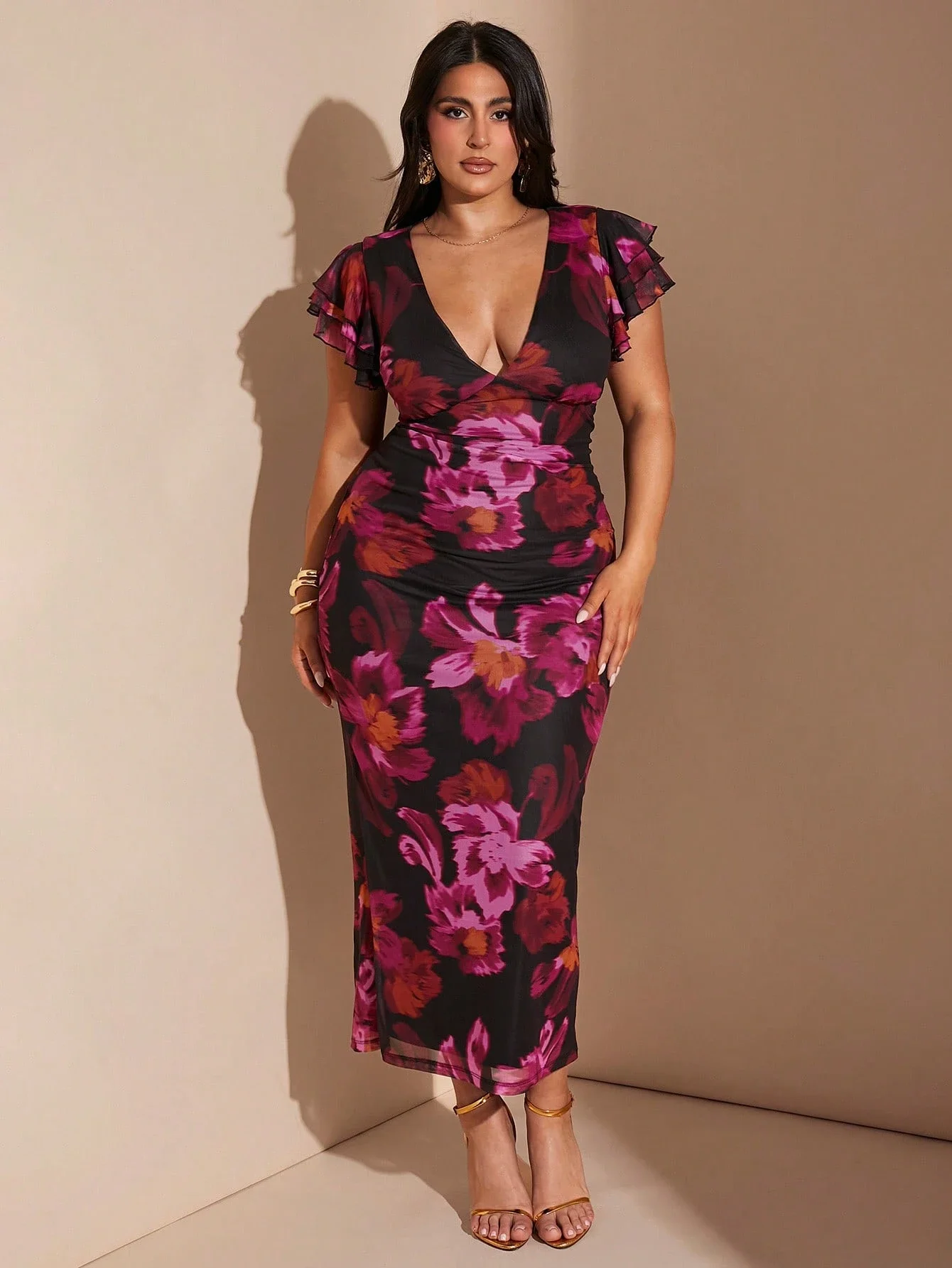 Elegant Floral Print Deep V-Neck Ruffle Sleeve Fitted Dress For Women
Elegant Floral Print Deep V-Neck Ruffle Sleeve Fitted Dress For Women