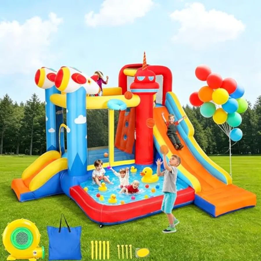 Inflatable Bounce House Water Slide, 7-in-1 Bouncy Castle Combo Water Pool and Bouncing Area and Slides and Basketball Game and
Inflatable Bounce House Water Slide, 7-in-1 Bouncy Castle Combo Water Pool and Bouncing Area and Slides and Basketball Game and