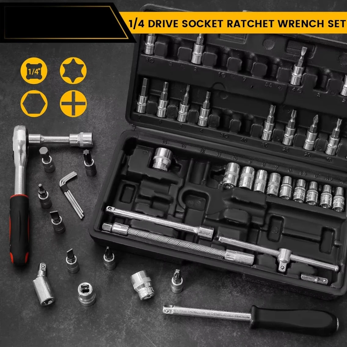 46Pcs 1/4" Drive Socket Set – Includes Ratchet, Hex & Torx Bits, Extension Bar – For DIY & Car Maintenance
46Pcs 1/4" Drive Socket Set – Includes Ratchet, Hex & Torx Bits, Extension Bar – For DIY & Car Maintenance