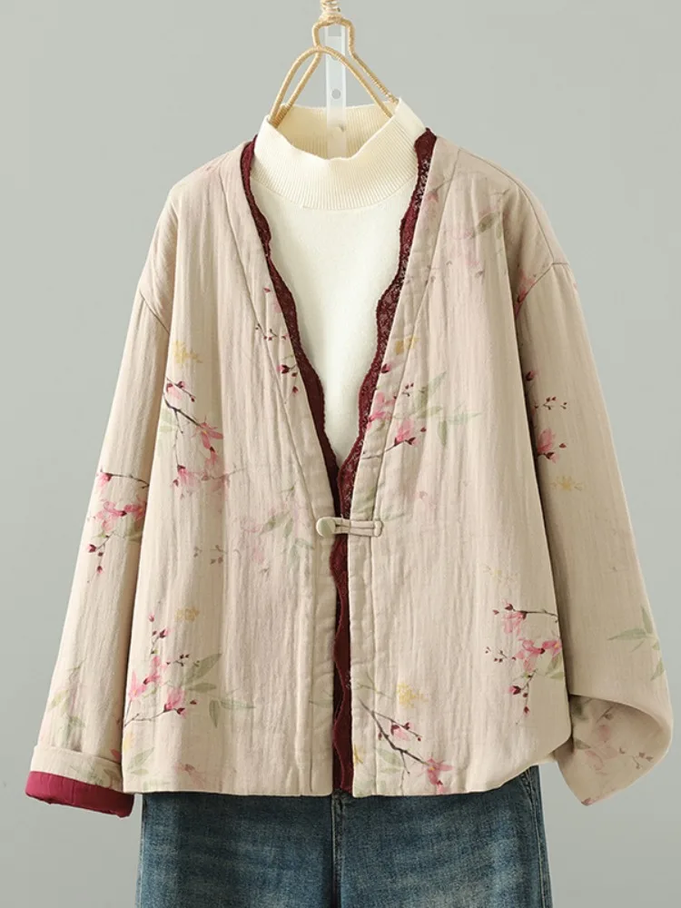 Retro Lace Trim V-Ne Thiened Cotton Jaet Women's Winter Coat with Button Cotton Liner Long Sve Floral Print Loose Fit
Retro Lace Trim V-Ne Thiened Cotton Jaet Women's Winter Coat with Button Cotton Liner Long Sve Floral Print Loose Fit