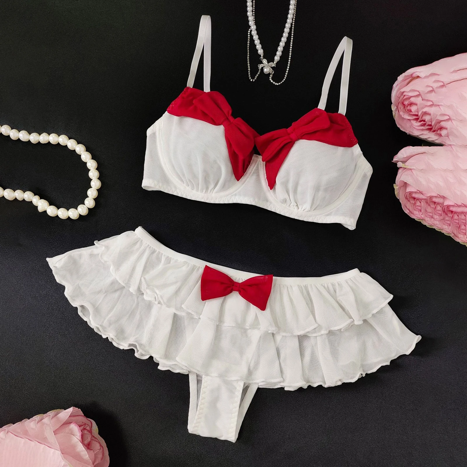 Women White Lingerie Set with Red Bows Mesh Bralette and Ruffled Panties Naughty Lingerie
Women White Lingerie Set with Red Bows Mesh Bralette and Ruffled Panties Naughty Lingerie