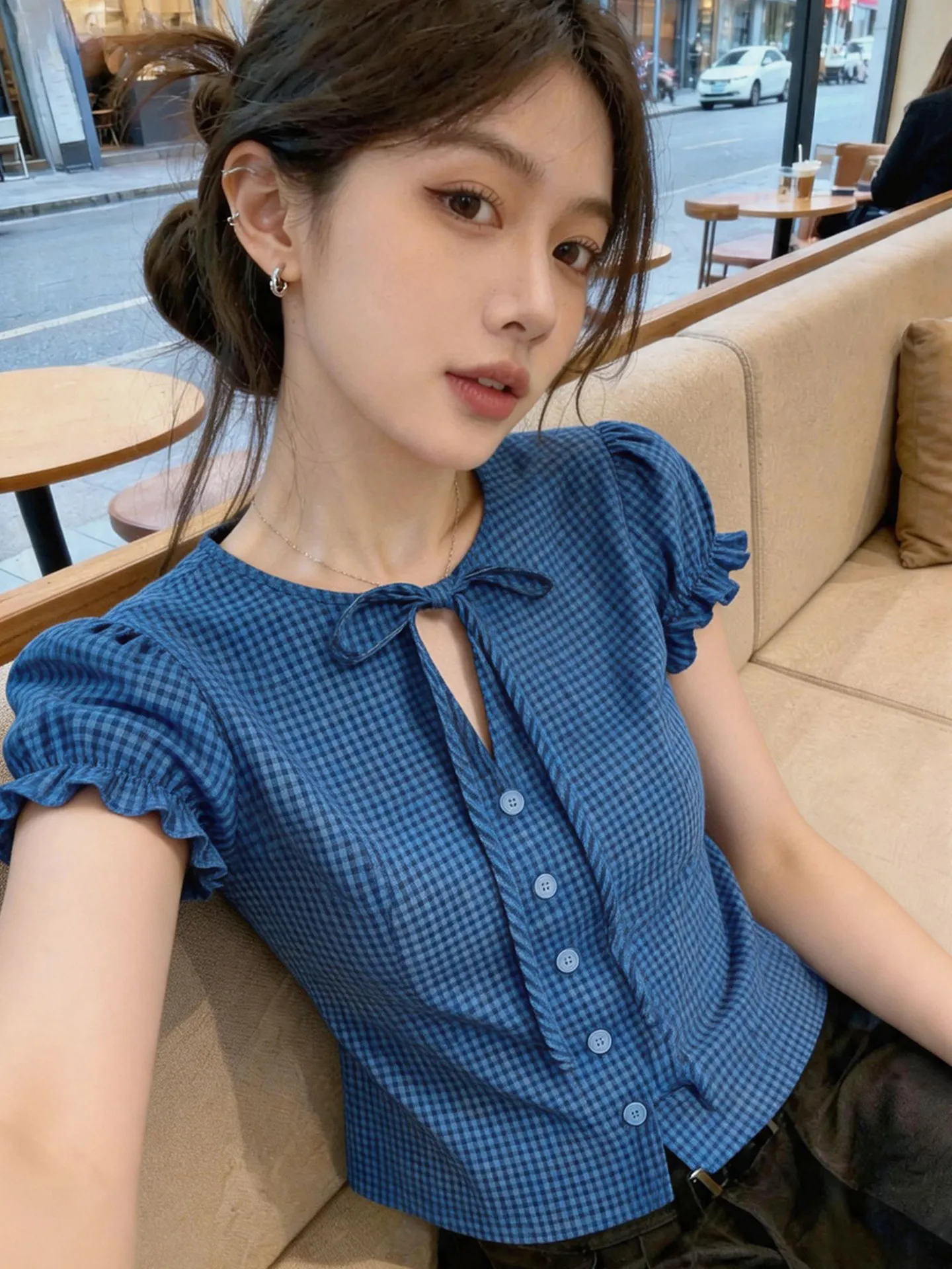Korean Style Bubble Sleeve Shirt Women's Short Sleeve Blue Plaid Knot Belted Young Looking Top Summer Fashion
Korean Style Bubble Sleeve Shirt Women's Short Sleeve Blue Plaid Knot Belted Young Looking Top Summer Fashion