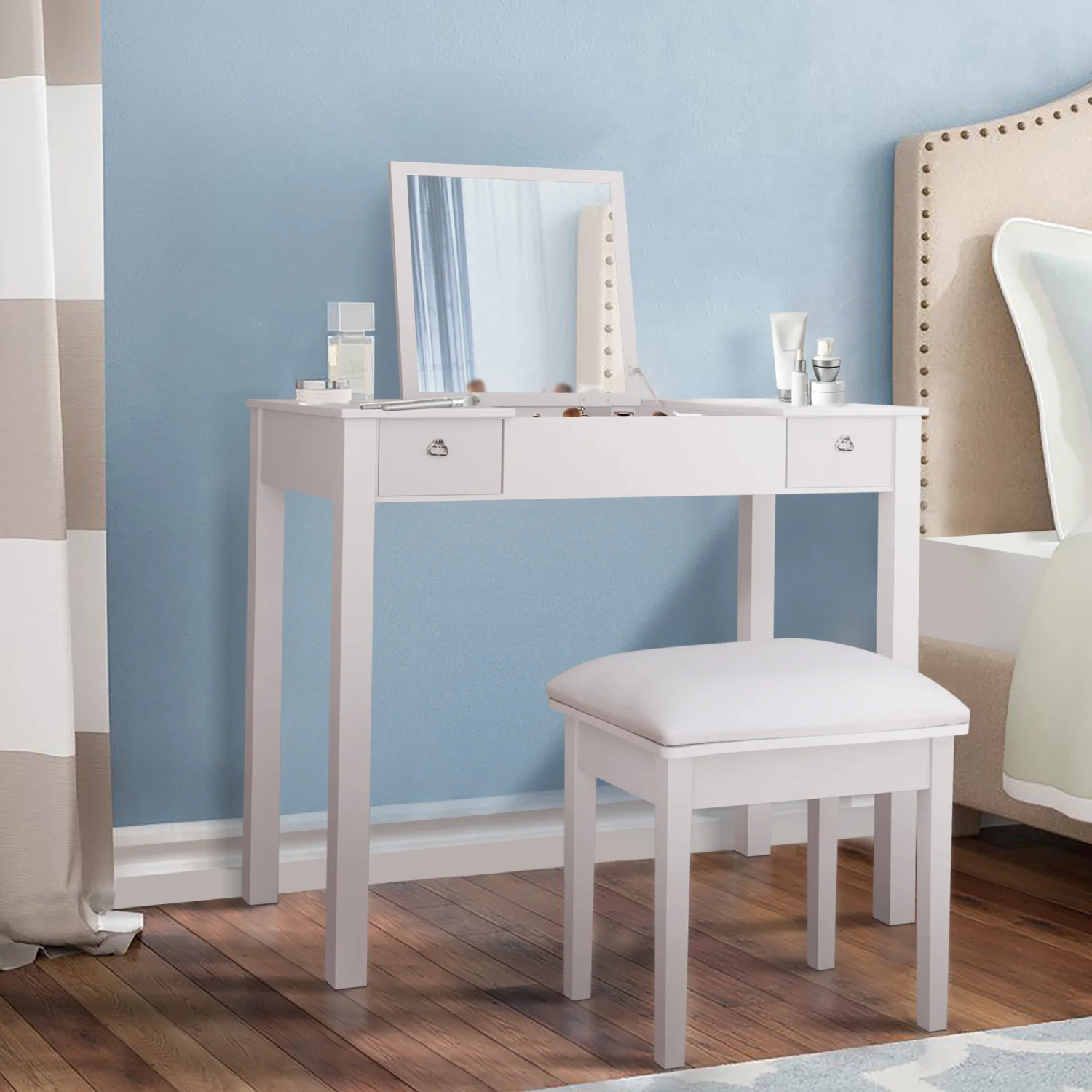 Accent White Vanity Table Set with Upholstered Stool and Flip-Top Mirror and 2 Drawers, Jewelry Storage for Women Dressing
Accent White Vanity Table Set with Upholstered Stool and Flip-Top Mirror and 2 Drawers, Jewelry Storage for Women Dressing