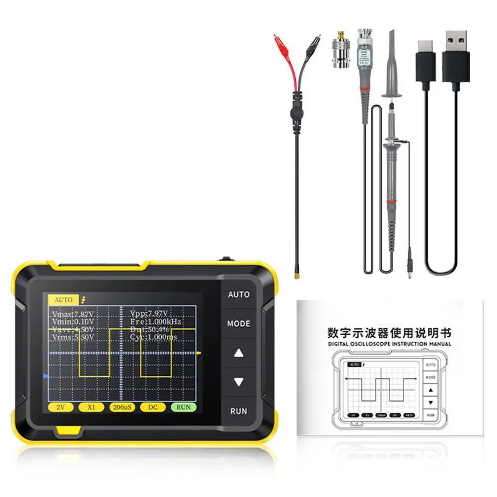 Профессиональный ручной цифровой осциллограф, портативный перезаряжаемый осциллограф с частотой дискретизации 2,5 Мвыб/с, инструмент для тестирования 200 кГц 
Профессиональный ручной цифровой осциллограф, портативный перезаряжаемый осциллограф с частотой дискретизации 2,5 Мвыб/с, инструмент для тестирования 200 кГц