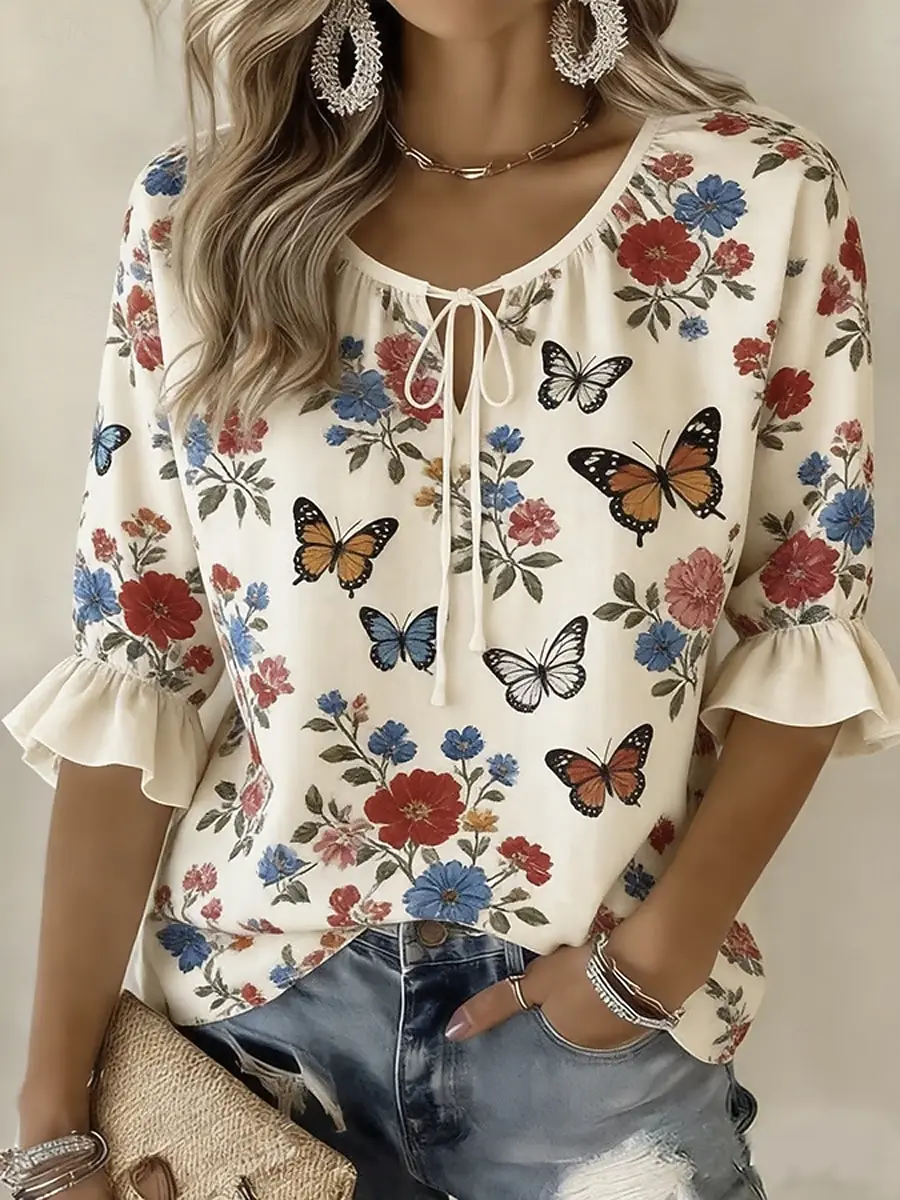 Women's Cream Floral & Butterfly Print Tie Neck Blouse, Casual Loose Tops for Spring Summer Daily Wear & Vacation Occasions
Women's Cream Floral & Butterfly Print Tie Neck Blouse, Casual Loose Tops for Spring Summer Daily Wear & Vacation Occasions