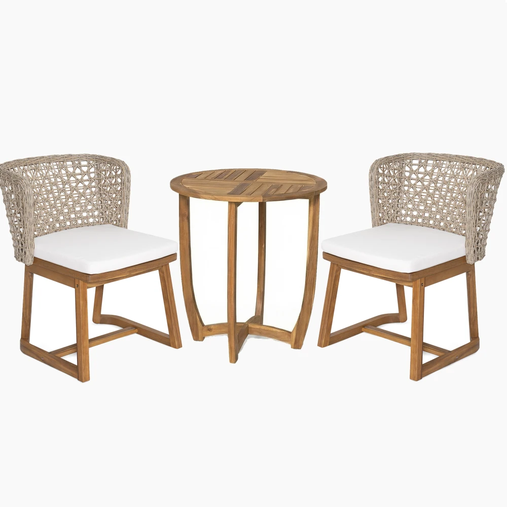 3-Piece Outdoor Dining Set, 27.5" Teak Finish Acacia Wood Round Accent Table & 2 Wicker Back Dining Chairs with Beige Cushion, Weather Resistant for Garden, Backyard, Patio
3-Piece Outdoor Dining Set, 27.5" Teak Finish Acacia Wood Round Accent Table & 2 Wicker Back Dining Chairs with Beige Cushion, Weather Resistant for Garden, Backyard, Patio