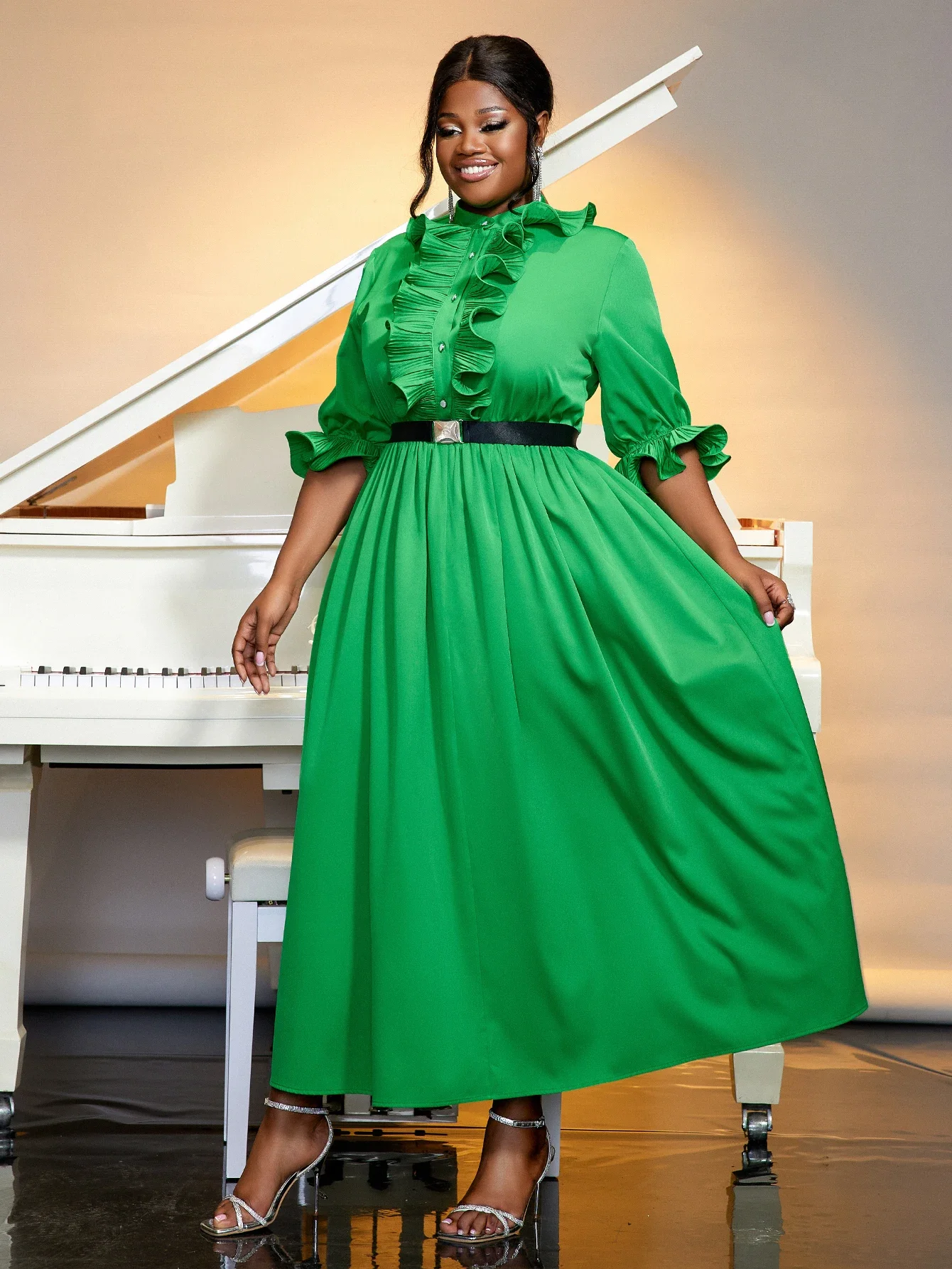 Elegant Green Pleated Long Dress For Women O Neck Ruffles Half Sleeve High Waist With Belt Button Up A Line Robes Church Event
Elegant Green Pleated Long Dress For Women O Neck Ruffles Half Sleeve High Waist With Belt Button Up A Line Robes Church Event