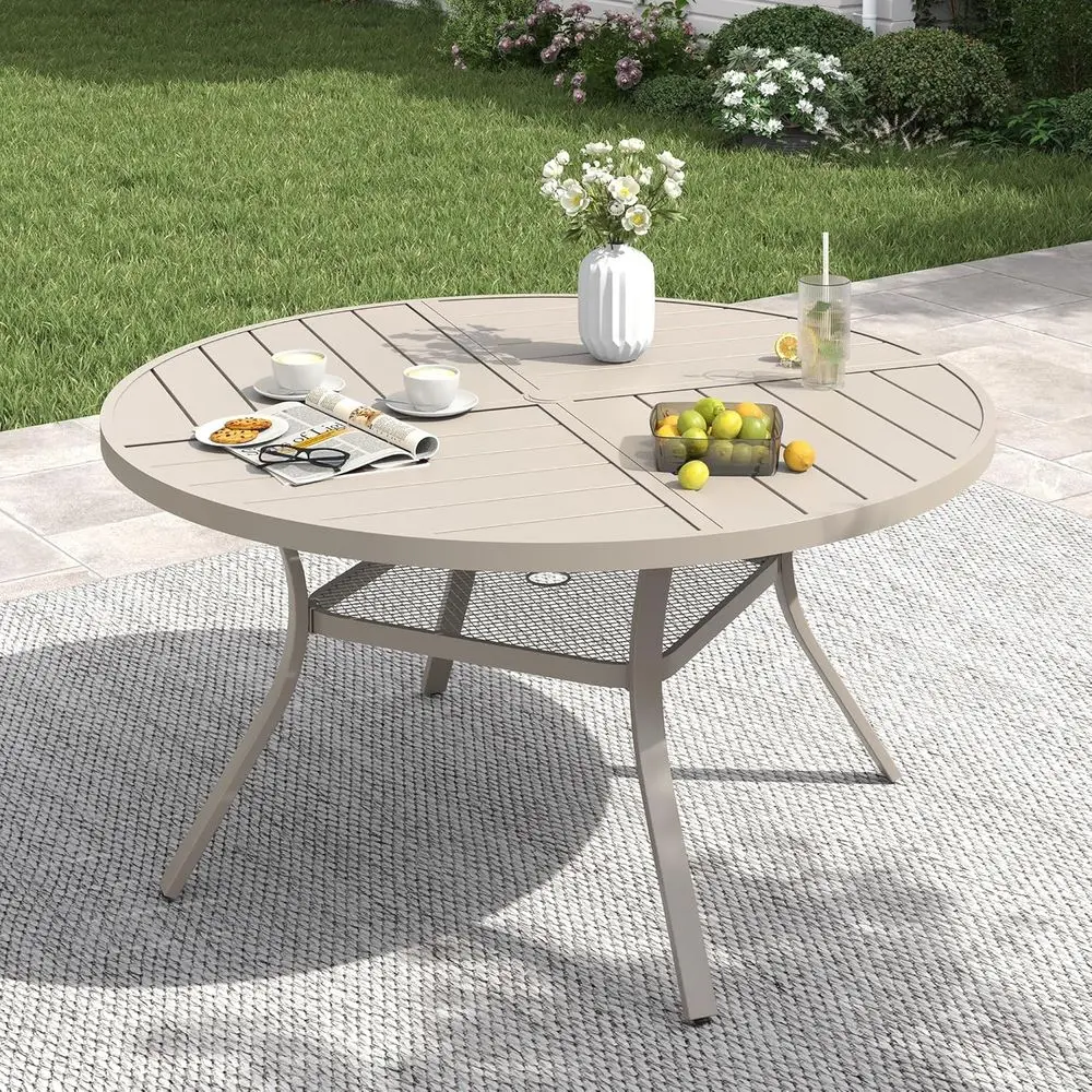 All-Weather Metal Patio Dining Table with Umbrella Hole, Outdoor 6-Seater with Storage Shelf, Sandshell Color
All-Weather Metal Patio Dining Table with Umbrella Hole, Outdoor 6-Seater with Storage Shelf, Sandshell Color
