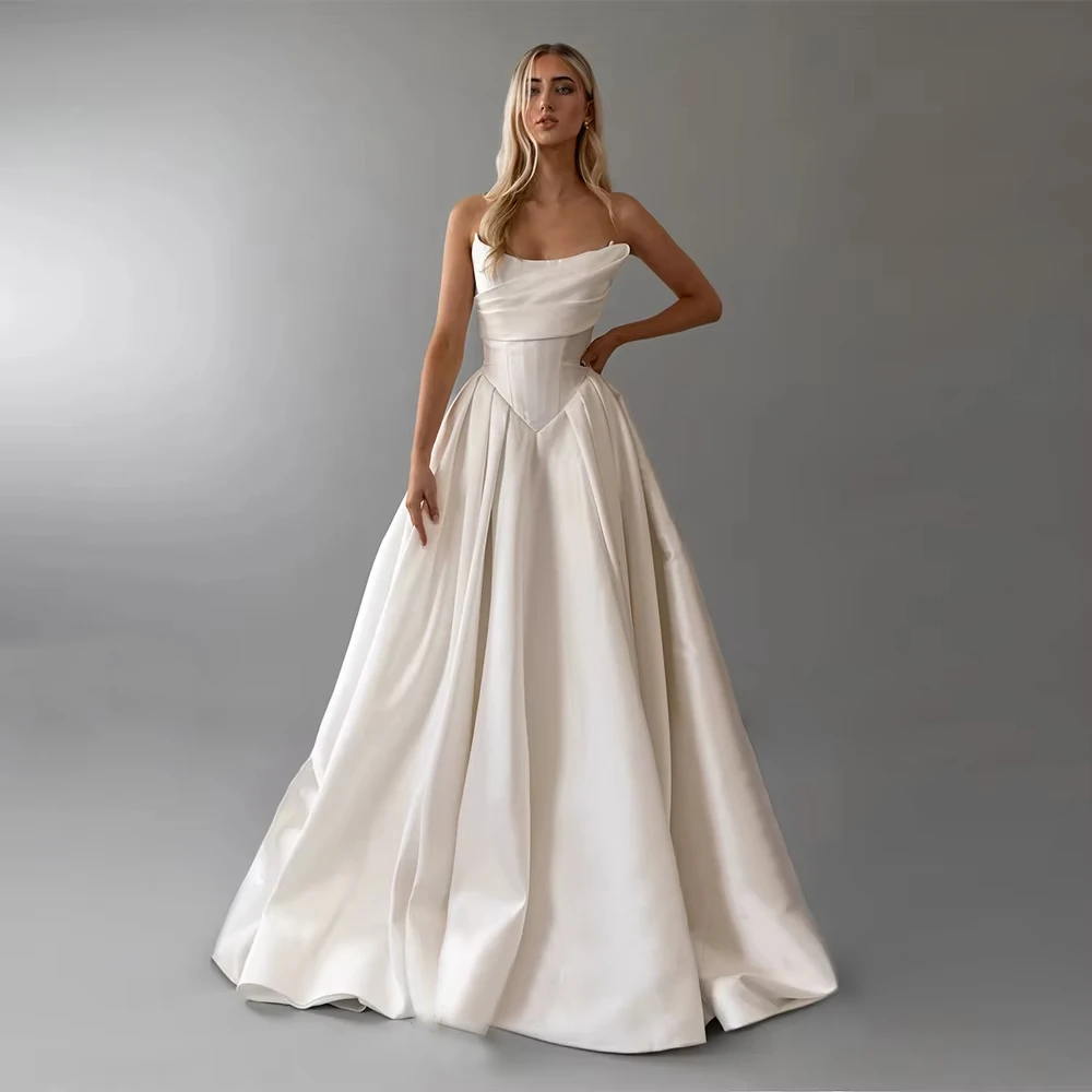 Sexy Strapless Sleeveless Women Wedding Dresses Elegant A-Line Satin Bridal Gowns Princess Party Engagement Banquet Customized
Sexy Strapless Sleeveless Women Wedding Dresses Elegant A-Line Satin Bridal Gowns Princess Party Engagement Banquet Customized