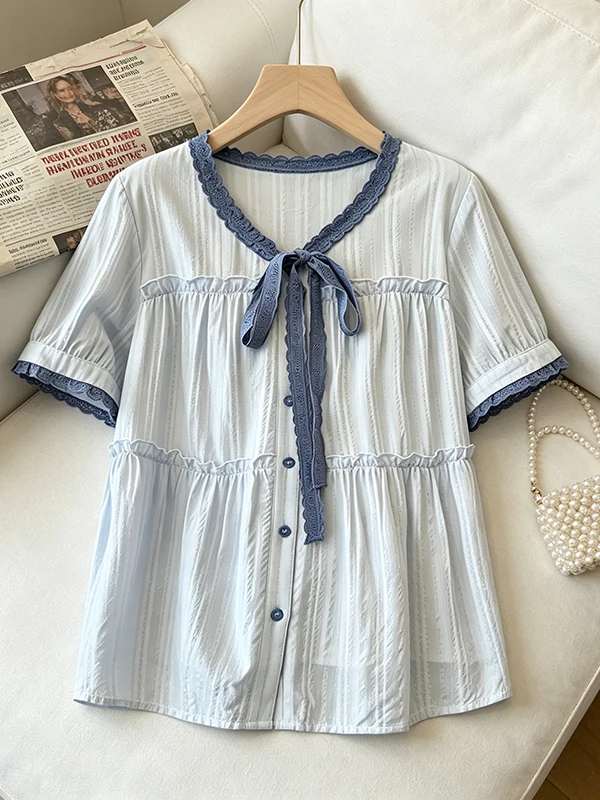 plus Size Summer Shirt V-neck Lace-up Salt Blue Slimming Belly Covering Women's Korean Style Commute Fashion Regular Sleeve
plus Size Summer Shirt V-neck Lace-up Salt Blue Slimming Belly Covering Women's Korean Style Commute Fashion Regular Sleeve