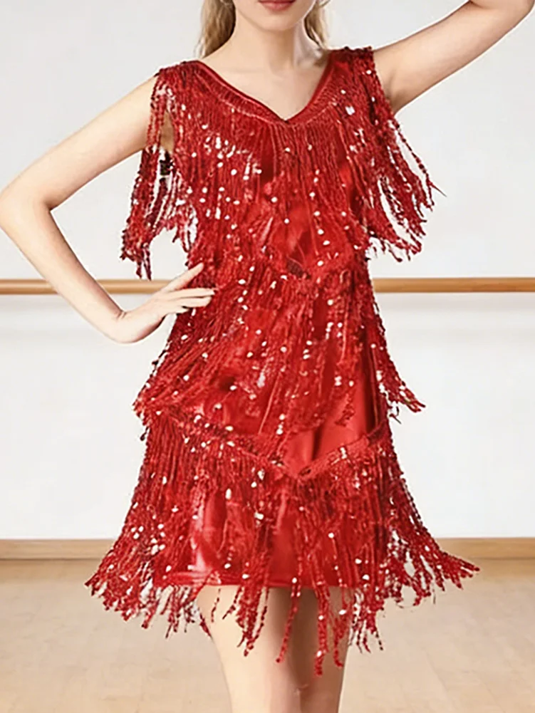 Women's Flapper Dress V Neck 1920s Shiny Sequins Fringe Tassels Latin Ballroom Dance Costume
Women's Flapper Dress V Neck 1920s Shiny Sequins Fringe Tassels Latin Ballroom Dance Costume