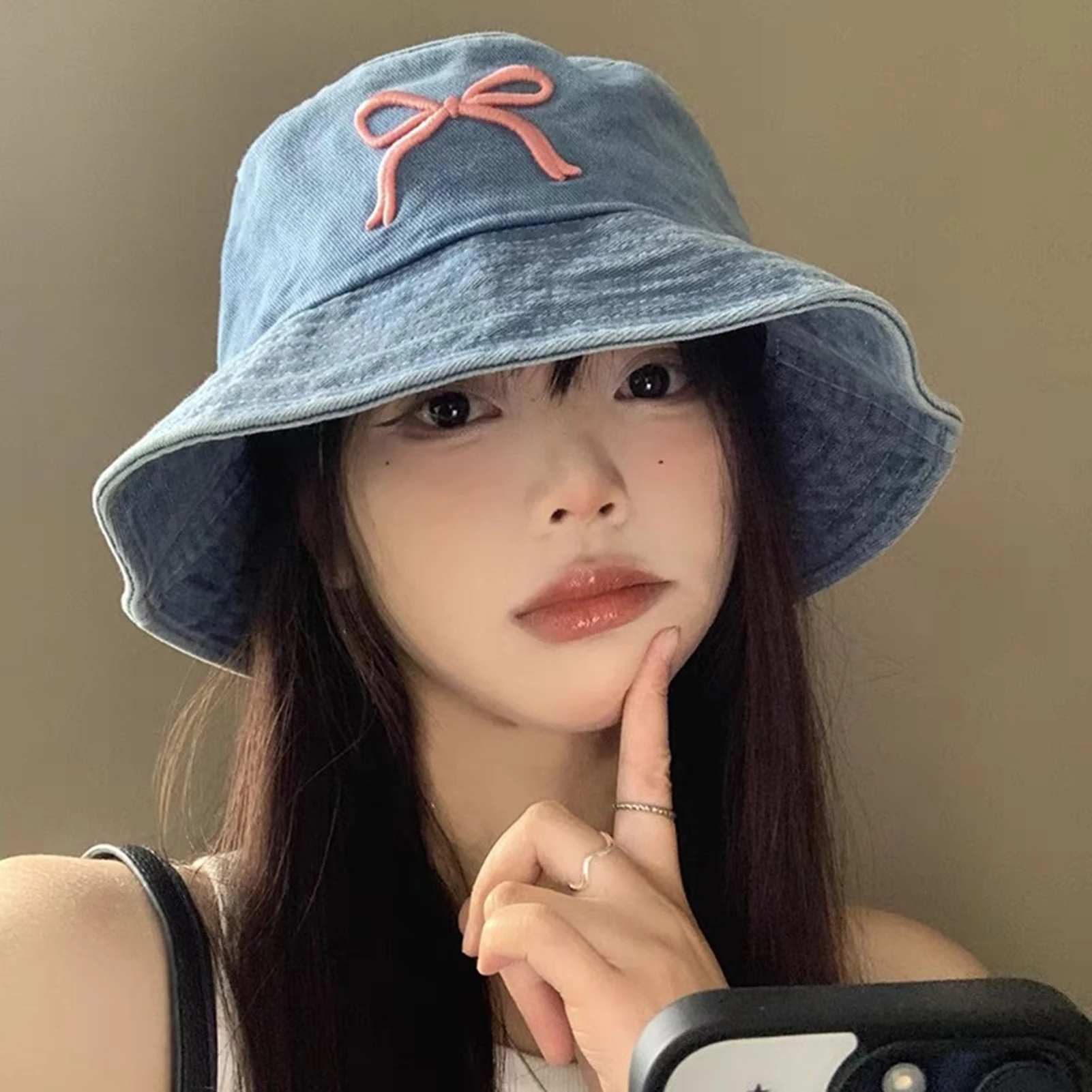 Summer Denim Bucket Hat Women Fisherman Hat with Pink/White Embroidery Bowknot Designs Outdoor Windproof Wide Brim Sun Hat
Summer Denim Bucket Hat Women Fisherman Hat with Pink/White Embroidery Bowknot Designs Outdoor Windproof Wide Brim Sun Hat