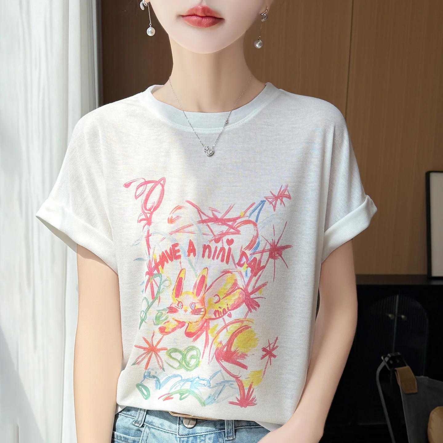 Hand-drawn doodle Print sleeve short-Sleeved T-shirt for Women, 2026 Summer Soft and Cool white thin version Round neck Top
Hand-drawn doodle Print sleeve short-Sleeved T-shirt for Women, 2026 Summer Soft and Cool white thin version Round neck Top