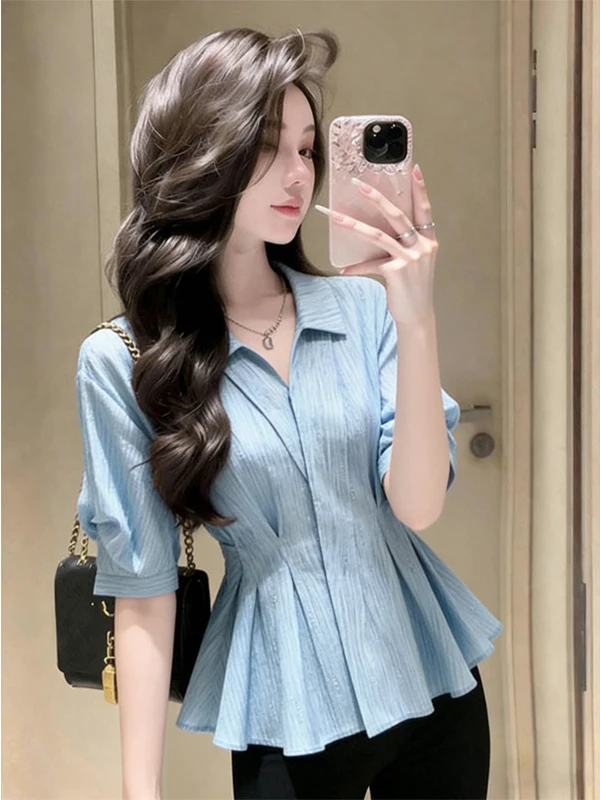 Summer 2026 Women's Pure Color Short Sleeve Shirt Stand Collar Bubble Sleeve Slimming Top for Commuting Casual Wear
Summer 2026 Women's Pure Color Short Sleeve Shirt Stand Collar Bubble Sleeve Slimming Top for Commuting Casual Wear
