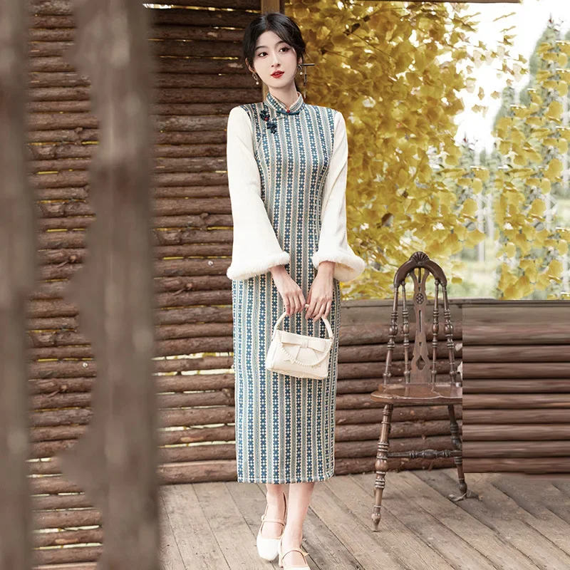 Winter Style Thick New Chinese Retro Daily Long Sleeved Temperament Improved Cheongsam Dress Qipao 
Winter Style Thick New Chinese Retro Daily Long Sleeved Temperament Improved Cheongsam Dress Qipao
