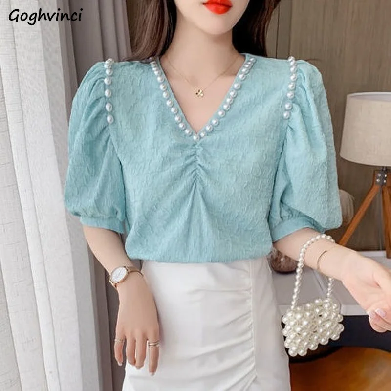 Shirts Women Summer Korean Style Trendy Pearl V-neck Sexy Elegant Puff Sleeve Thin Leisure Baggy Young Tender All-match Chic New
Shirts Women Summer Korean Style Trendy Pearl V-neck Sexy Elegant Puff Sleeve Thin Leisure Baggy Young Tender All-match Chic New