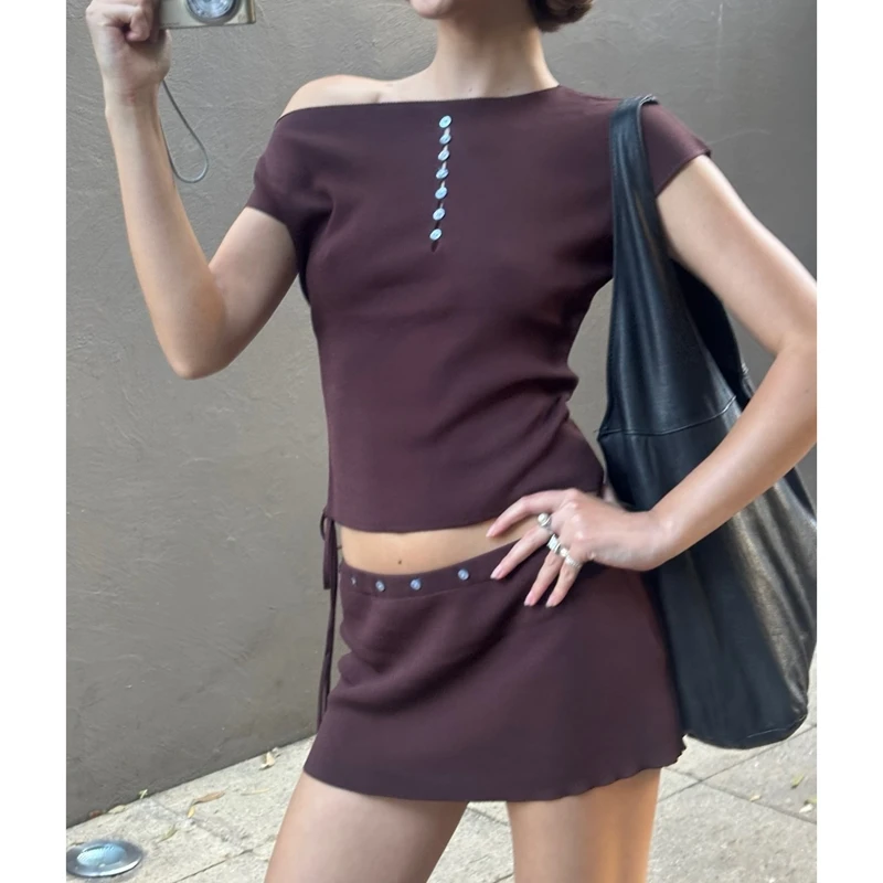 Womens Summer 2 Piece Knit Outfits Short Sleeve Off One Shoulder Shell Button Decor Slim Fit Tops and Mini Skirt Set
Womens Summer 2 Piece Knit Outfits Short Sleeve Off One Shoulder Shell Button Decor Slim Fit Tops and Mini Skirt Set