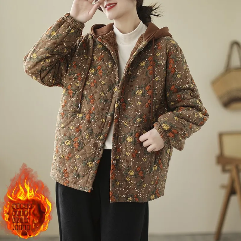 Thiened Fce Cotton Linen Floral Print Hooded Women's Jaet Winter Retro Large Size Cotton Padded Warmth ort Coat
Thiened Fce Cotton Linen Floral Print Hooded Women's Jaet Winter Retro Large Size Cotton Padded Warmth ort Coat