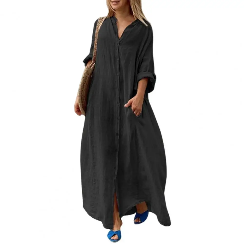Summer Women Dress Loose Single-breasted Pockets V Neck Long Sleeves Split Hem Ankle Length Femme Vestidos
Summer Women Dress Loose Single-breasted Pockets V Neck Long Sleeves Split Hem Ankle Length Femme Vestidos