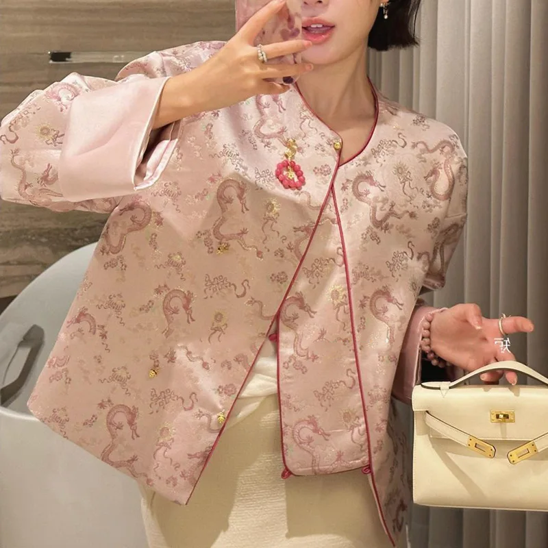 Lady Pink Jacquard Chinese Loong Hanfu Jacket Vintage Button Tang Clothes Novelty Cheongsam Tops Exquisite Elegant Outwear
Lady Pink Jacquard Chinese Loong Hanfu Jacket Vintage Button Tang Clothes Novelty Cheongsam Tops Exquisite Elegant Outwear