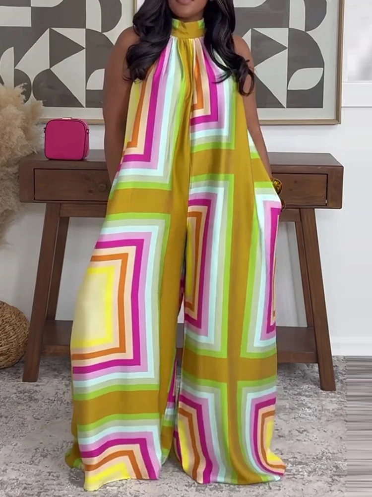 2026 Spring Sexy Halter Loose Playsuit Retro Colorful Geometric Print Women Jumpsuit Summer Sleeveless Wide Leg Trousers Rompers
2026 Spring Sexy Halter Loose Playsuit Retro Colorful Geometric Print Women Jumpsuit Summer Sleeveless Wide Leg Trousers Rompers