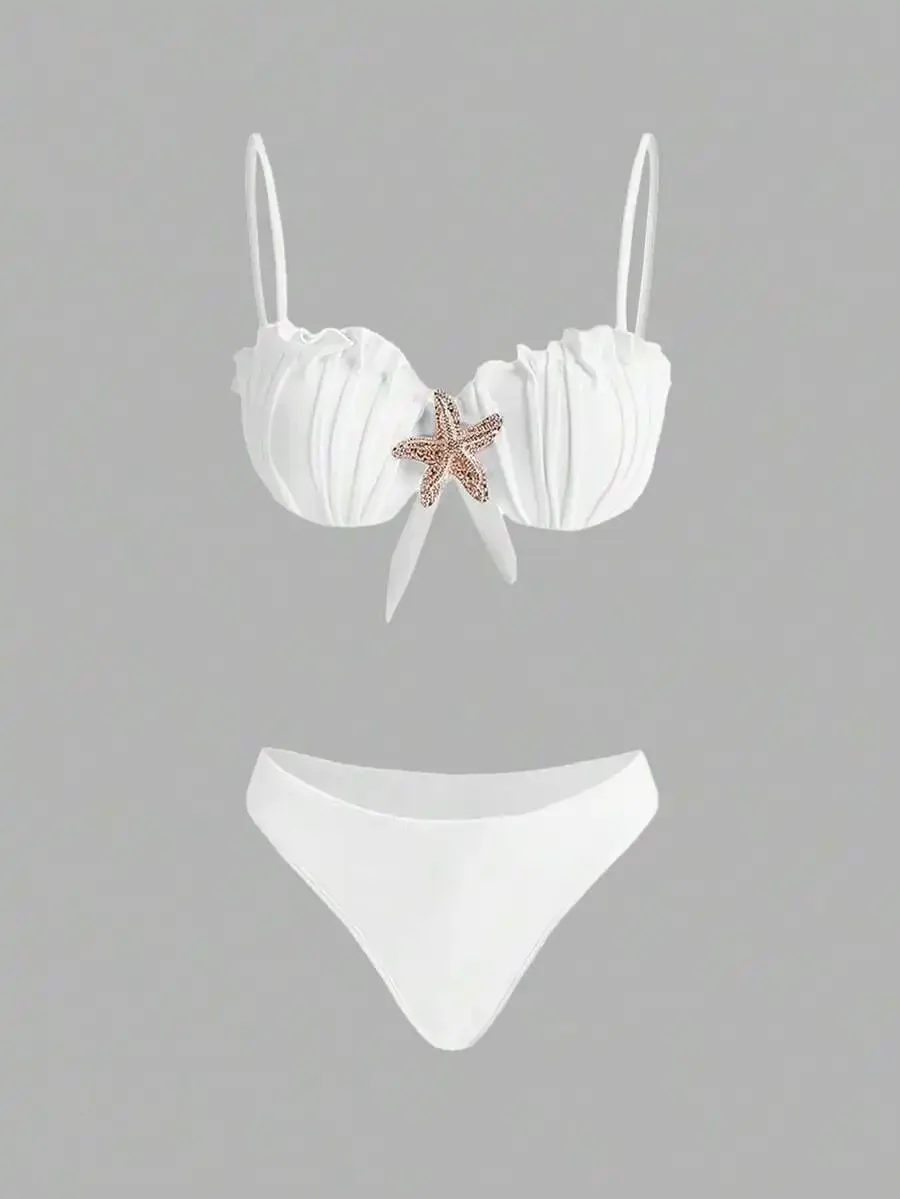 White Bohemian Ruched Bikini Set With Starfish Beaded Decoration
White Bohemian Ruched Bikini Set With Starfish Beaded Decoration