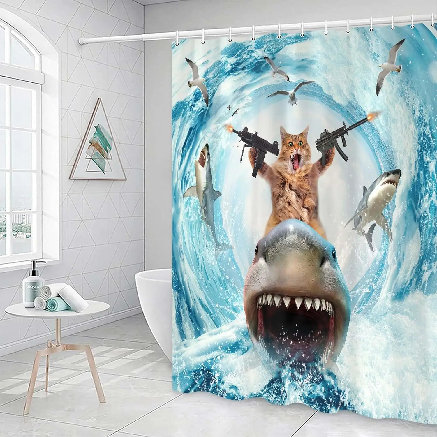 Cat Riding Shark Holding Guns Shower Curtain Funny Animal Action Print for Bathroom Decor
Cat Riding Shark Holding Guns Shower Curtain Funny Animal Action Print for Bathroom Decor
