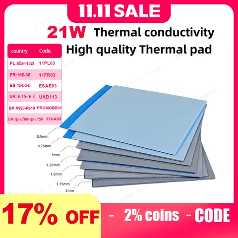 แผ่นซิลิโคนนำความร้อนแบบนุ่ม 21W/mk สำหรับระบายความร้อน CPU GPU แผ่นนำความร้อนซิลิโคน แผ่นรองกันความร้อนหลายขนาด