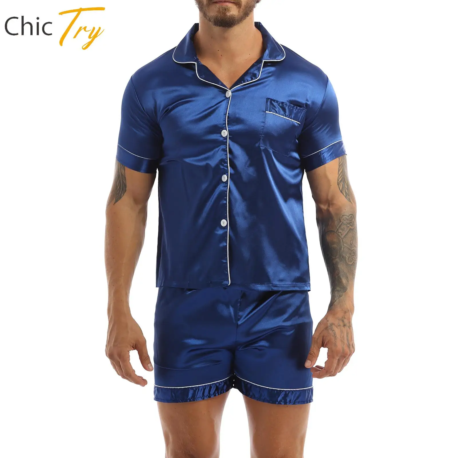 Men's Pajamas Set Silky Satin Short Sleeve Button T-Shirt with Boxer Shorts Set Nightwear Classic Sleepwear Fashion Loungewear
Men's Pajamas Set Silky Satin Short Sleeve Button T-Shirt with Boxer Shorts Set Nightwear Classic Sleepwear Fashion Loungewear