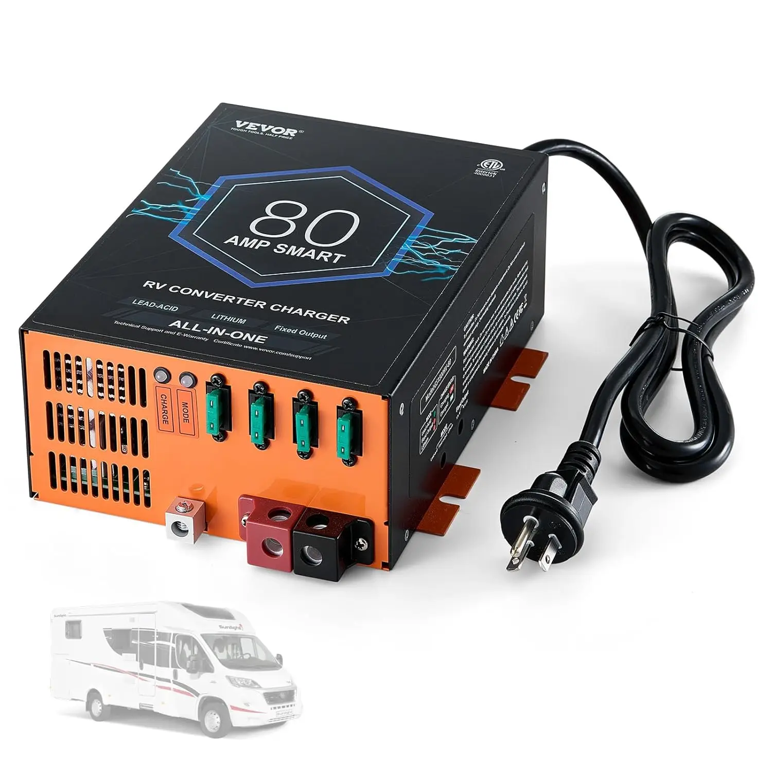 80A AC-DC RV Power Converter Charger 4-Stage Smart 13-16.5V Lithium Lead Acid ETL, Custom
80A AC-DC RV Power Converter Charger 4-Stage Smart 13-16.5V Lithium Lead Acid ETL, Custom