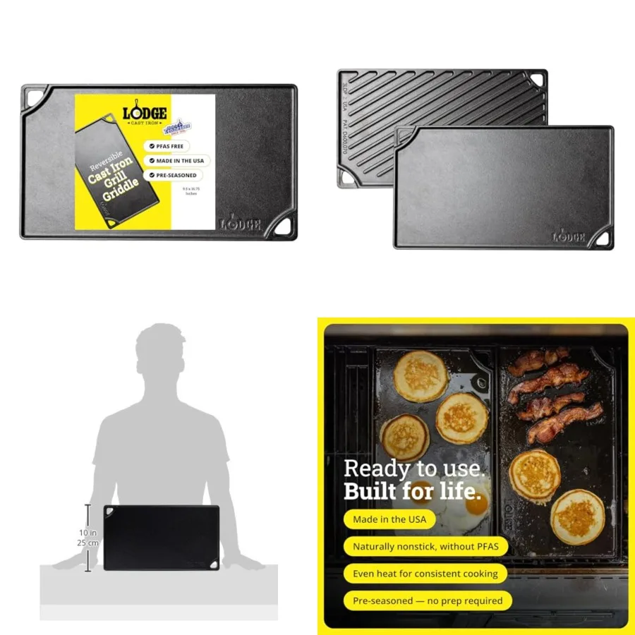 Double Play Reversible Cast Iron Grill/Griddle - Dual-Sided with Double Burner Configuration for Eggs, Pancakes, Burgers More -
Double Play Reversible Cast Iron Grill/Griddle - Dual-Sided with Double Burner Configuration for Eggs, Pancakes, Burgers More -
