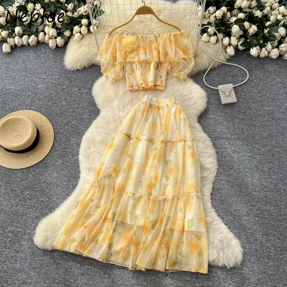 Neploe Fairy Lovely Slash Neck Puff Sleeve Set Shirt Stretch Waist Big Swing Mid-length Patchwork Skirt French Chiffon Faldas
Neploe Fairy Lovely Slash Neck Puff Sleeve Set Shirt Stretch Waist Big Swing Mid-length Patchwork Skirt French Chiffon Faldas