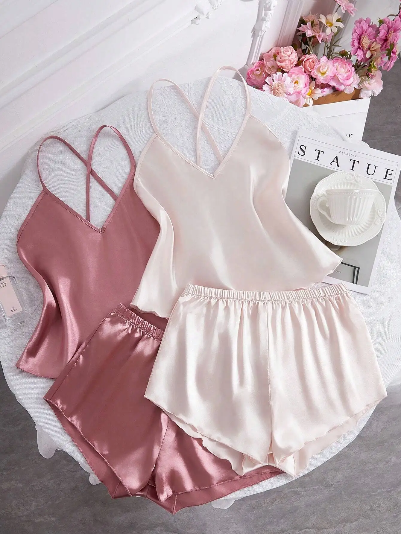 SilkySpell 2 Sets Of Solid Color Silk-Like Cami Top And Shorts Pajama Set With Large Open Back Design
SilkySpell 2 Sets Of Solid Color Silk-Like Cami Top And Shorts Pajama Set With Large Open Back Design