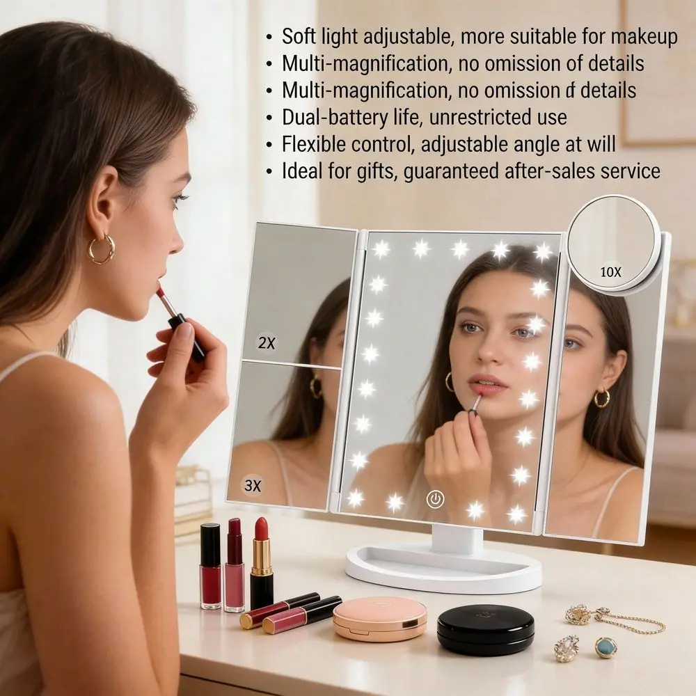 Makeup Mirror Vanity With Lights, 2X 3X 10X Magnification, Touch Control, Trifold Mirror, Dual Power Supply, Gifts For Women, W
Makeup Mirror Vanity With Lights, 2X 3X 10X Magnification, Touch Control, Trifold Mirror, Dual Power Supply, Gifts For Women, W