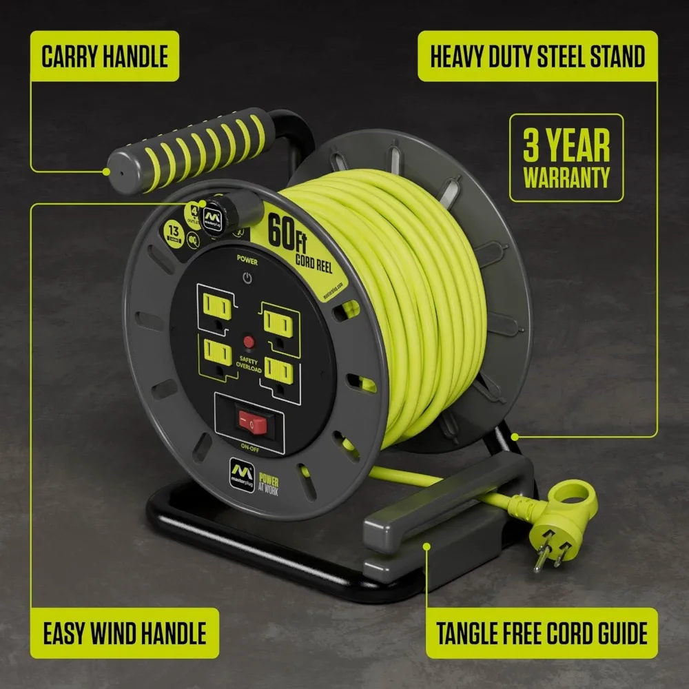 60ft Cord Reel, Retractable Extension Lead with Winding Handle, Safety Overload Circuit Breaker and Power Switch
60ft Cord Reel, Retractable Extension Lead with Winding Handle, Safety Overload Circuit Breaker and Power Switch