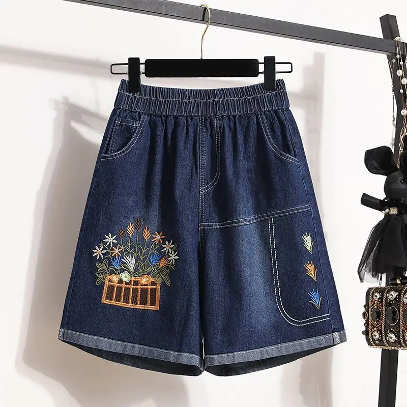 Summer Women Denim Shorts Elastic Waist Embroidery Flowers Casual Half Pants Versatile Loose Wide Leg Jean Shorts
Summer Women Denim Shorts Elastic Waist Embroidery Flowers Casual Half Pants Versatile Loose Wide Leg Jean Shorts