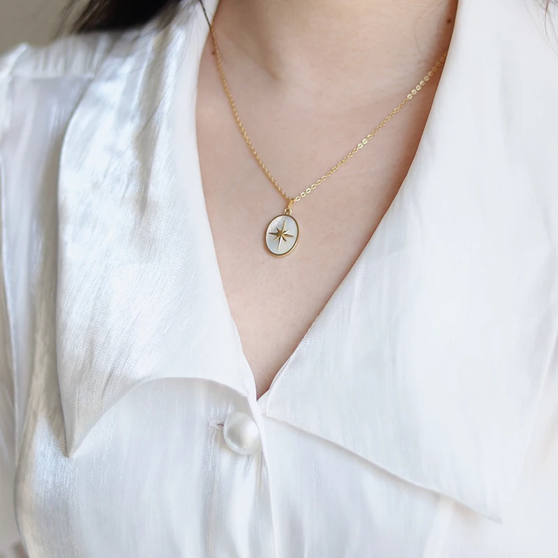 High Quality 18K Gold Plated Stainless Steel North Star Oval Shell Pendant Necklaces Party Wedding
High Quality 18K Gold Plated Stainless Steel North Star Oval Shell Pendant Necklaces Party Wedding