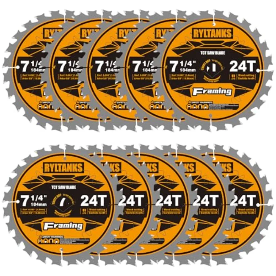 7-1/4 Inch Circular Saw Blade, 24T for Framing with 5/8" Arbor, Fast Wood Cutting, 10-Pack
7-1/4 Inch Circular Saw Blade, 24T for Framing with 5/8" Arbor, Fast Wood Cutting, 10-Pack