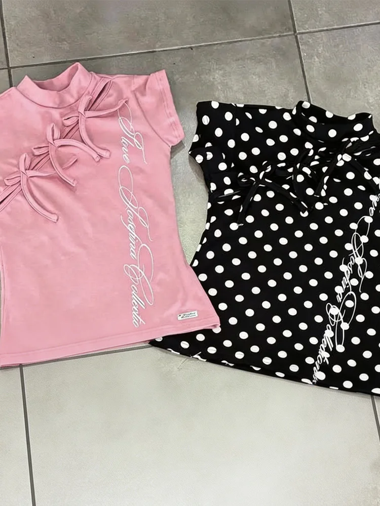 Summer Y2K Sweet Pink Polka Dot Ruffle Collar Hollow Bow Slim Short Sleeve Letter Cutting T-shirt Women's Fashion T-shirt
Summer Y2K Sweet Pink Polka Dot Ruffle Collar Hollow Bow Slim Short Sleeve Letter Cutting T-shirt Women's Fashion T-shirt