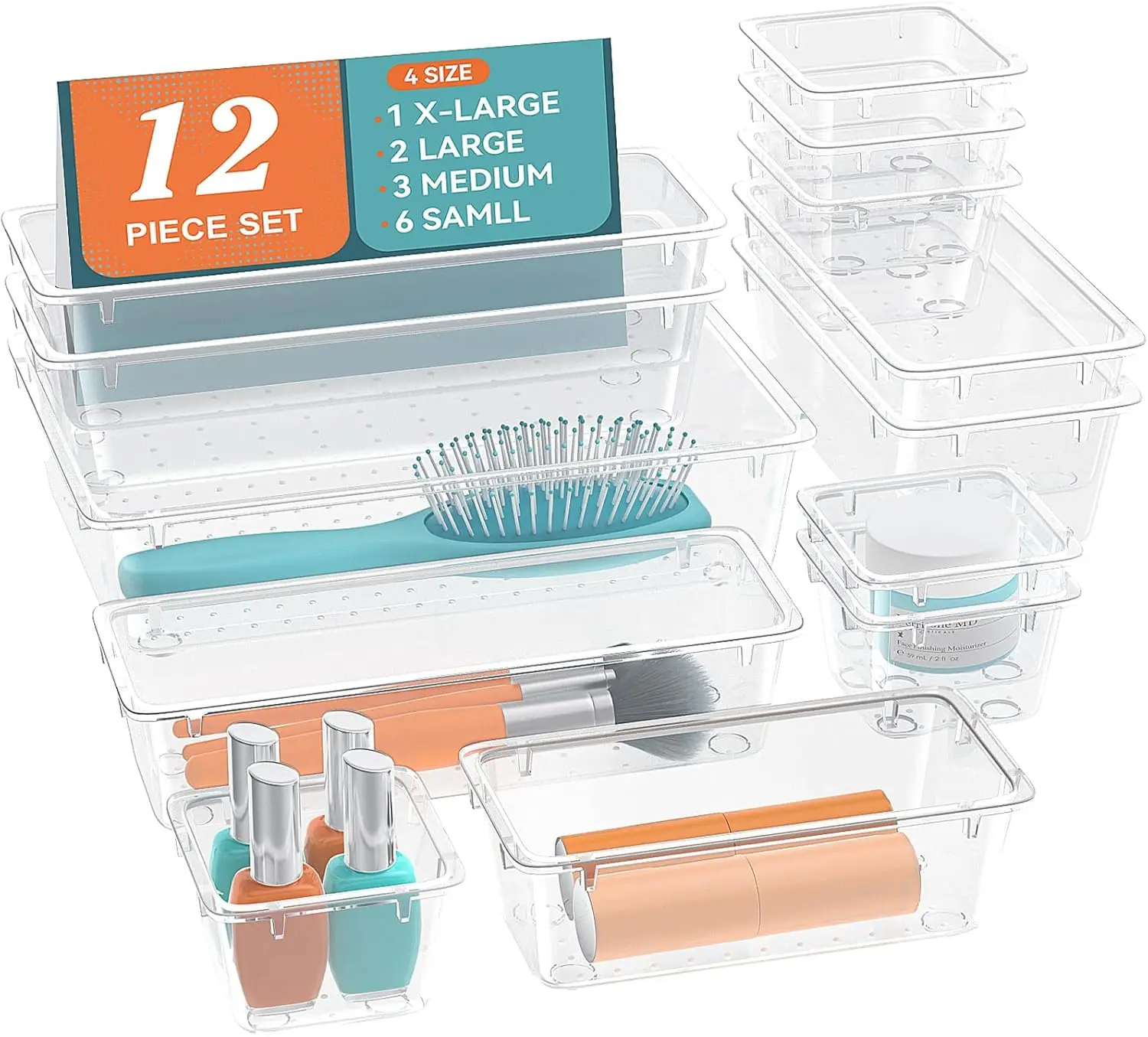 12 PCS Drawer Organizer Set, 4 Sizes Tool Storage Trays, Clear Plastic Makeup Vanity Organizer and Storage Bins for Makeup, Stat
12 PCS Drawer Organizer Set, 4 Sizes Tool Storage Trays, Clear Plastic Makeup Vanity Organizer and Storage Bins for Makeup, Stat