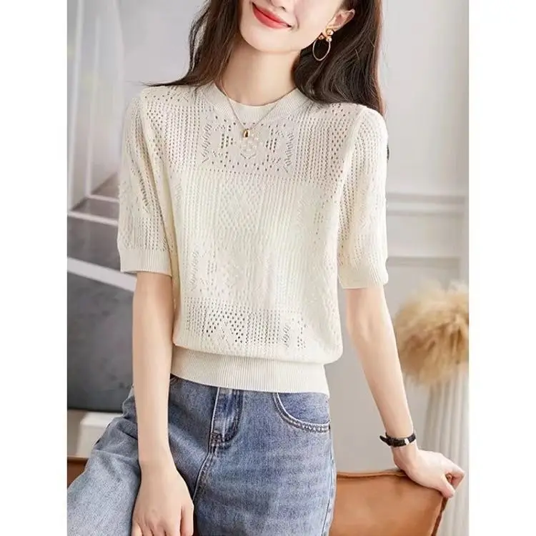 Summer 2025 Ladies Sweater Pullover Solid Color Round Neck Half-sleeved Knitted Ice Silk Sweater Thin Hollow Out Casual Top Z810
Summer 2025 Ladies Sweater Pullover Solid Color Round Neck Half-sleeved Knitted Ice Silk Sweater Thin Hollow Out Casual Top Z810